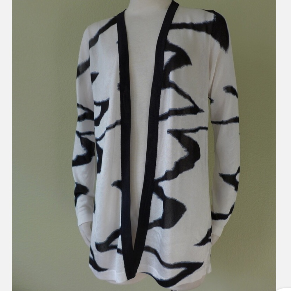 Tahari Black/White Abstract Long Open Meshy Cardigan Sweater M NWT
